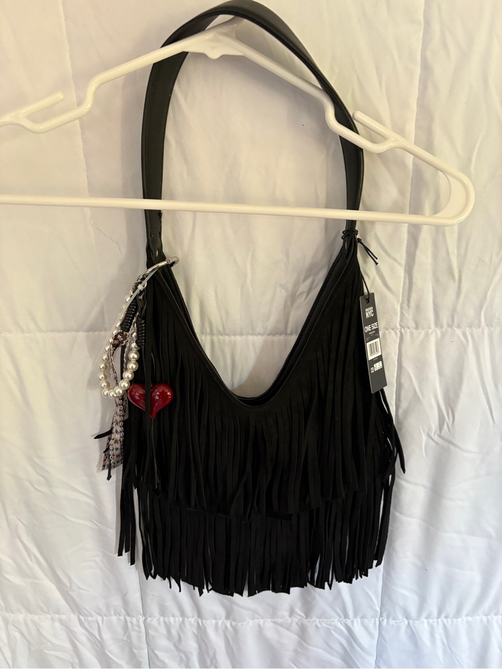Black Fringe Shoulder Hobo Bag with Charm Accent
